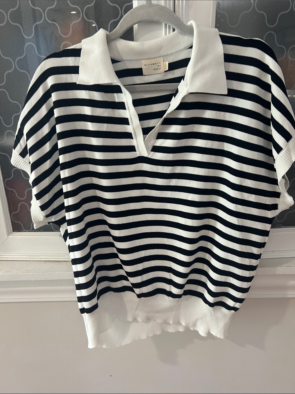 Striped Polo Knit Top in Black & White